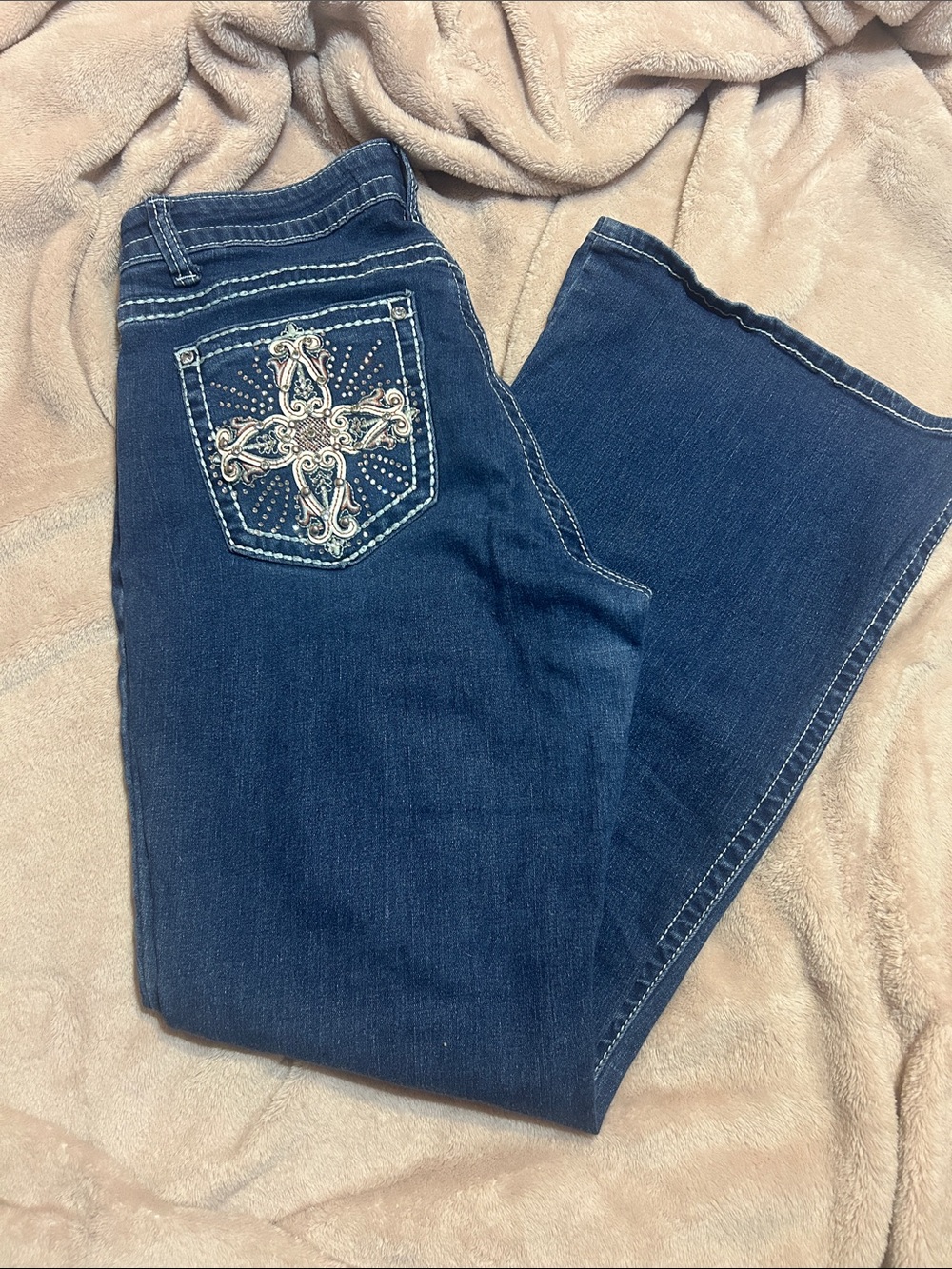 Sky Dark Blue Flare Jeans with Embroidered Cross Pocket